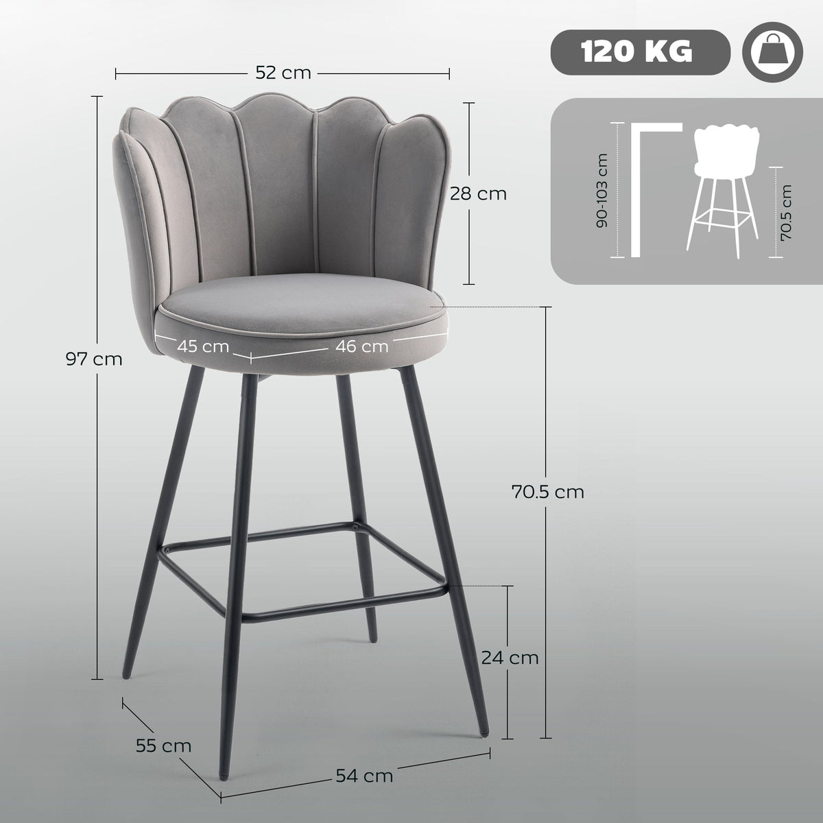 HOMCOM Set of Two Velvet-Feel Lotus Bar Stools - Grey