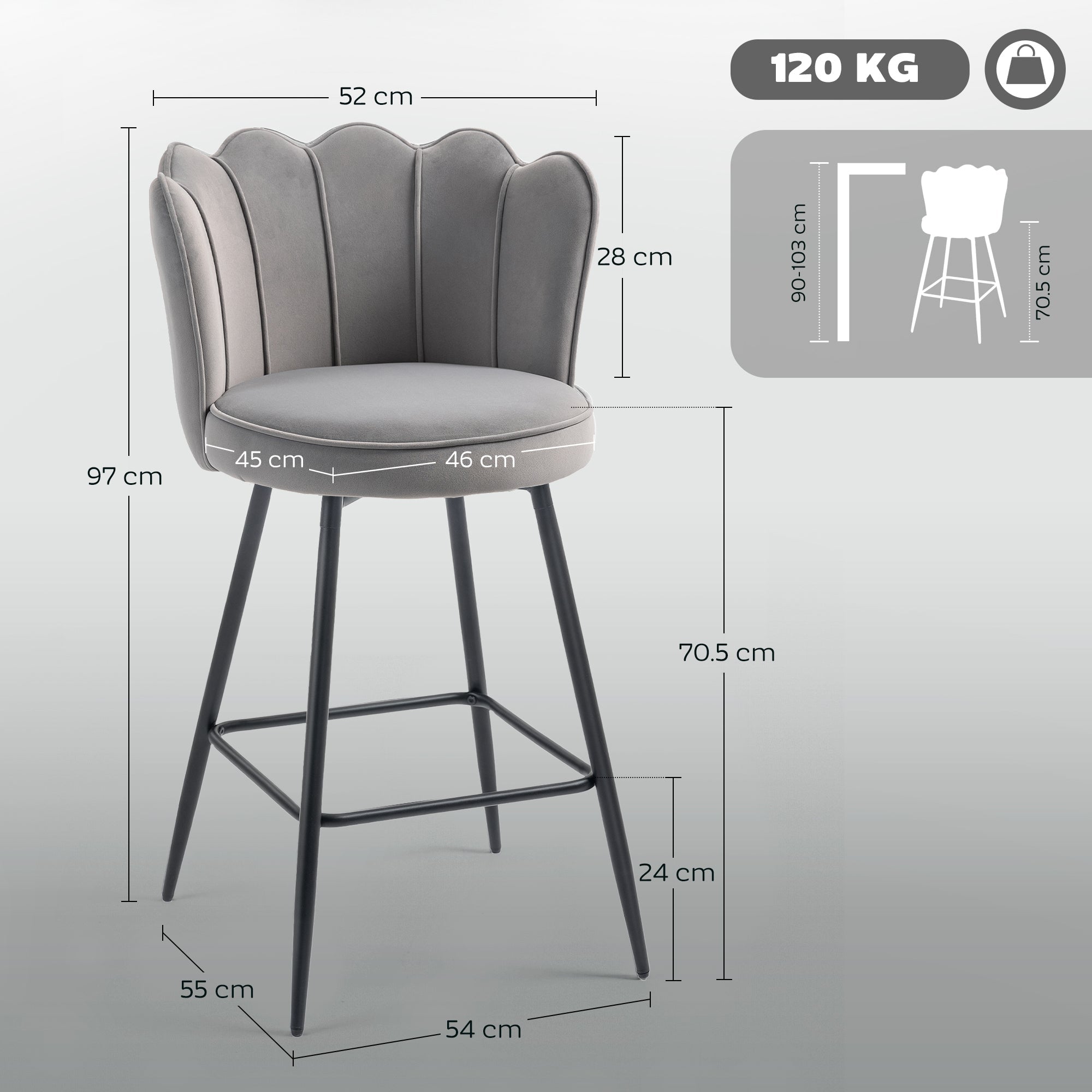 HOMCOM Set of Two Velvet-Feel Lotus Bar Stools - Grey