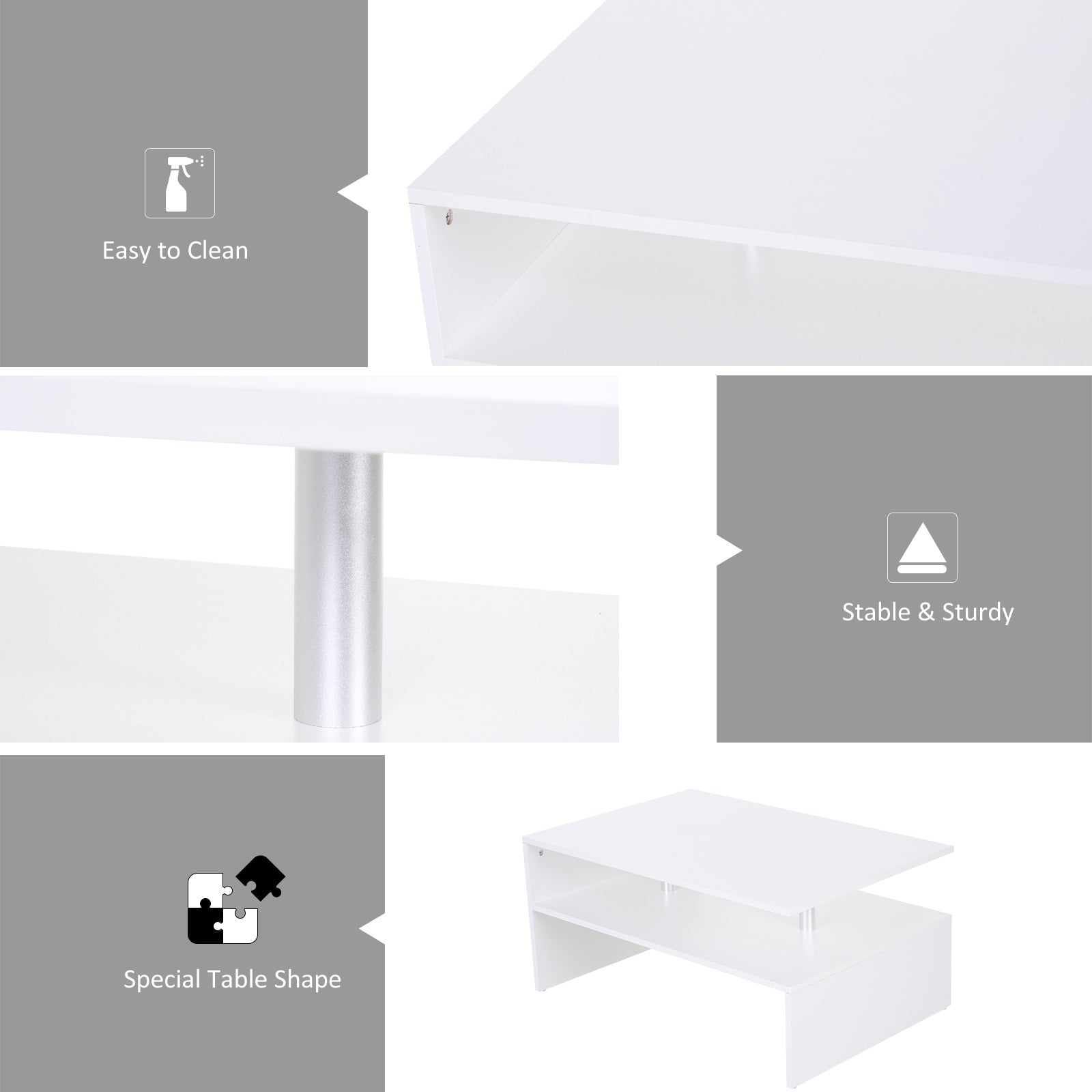 HOMCOM Coffee Table with Storage, 2-Tier Centre Table, Modern Living Room Table with Open Shelf and Aluminium Poles, White