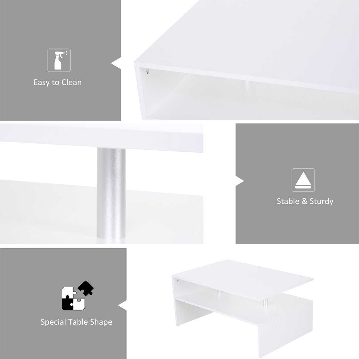 HOMCOM Coffee Table with Storage, 2-Tier Centre Table, Modern Living Room Table with Open Shelf and Aluminium Poles, White