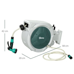 Outsunny Retractable Hose Reel Wall Mounted, 20+2m Garden Hose Pipe Reel with Lock, Auto Rewind, 7 in 1 Spray Nozzle, Includes Wall Fixings, 180 Swivel, Outdoor Watering, Light Grey
