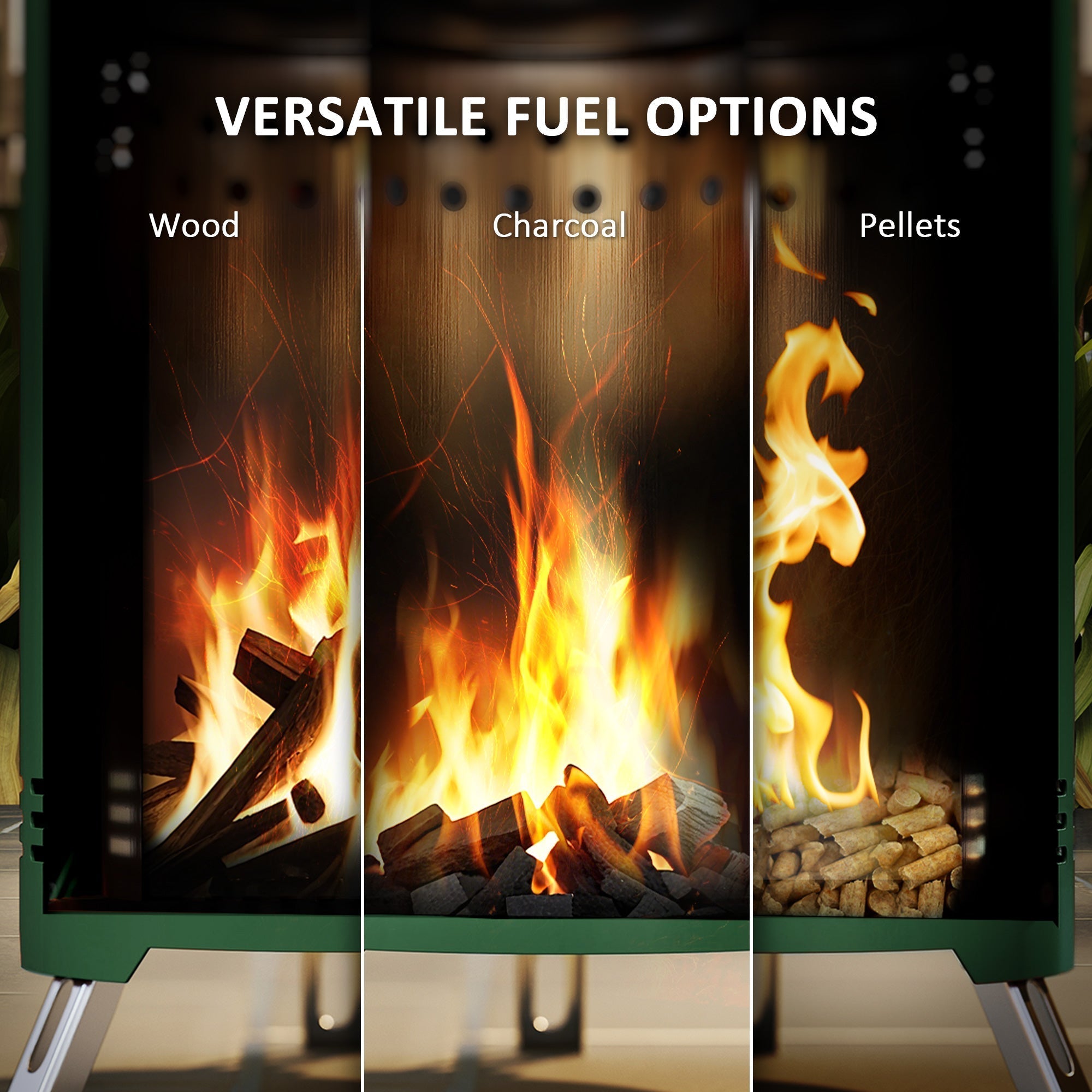 Outsunny Smokeless Fire Pit, 16 x 16 cm Stainless Steel Portable Wood Burning Firepit with Poker, Wood or Pellet Fuelled Tabletop Fire Pit for Garden Camping Bonfire Party, Green