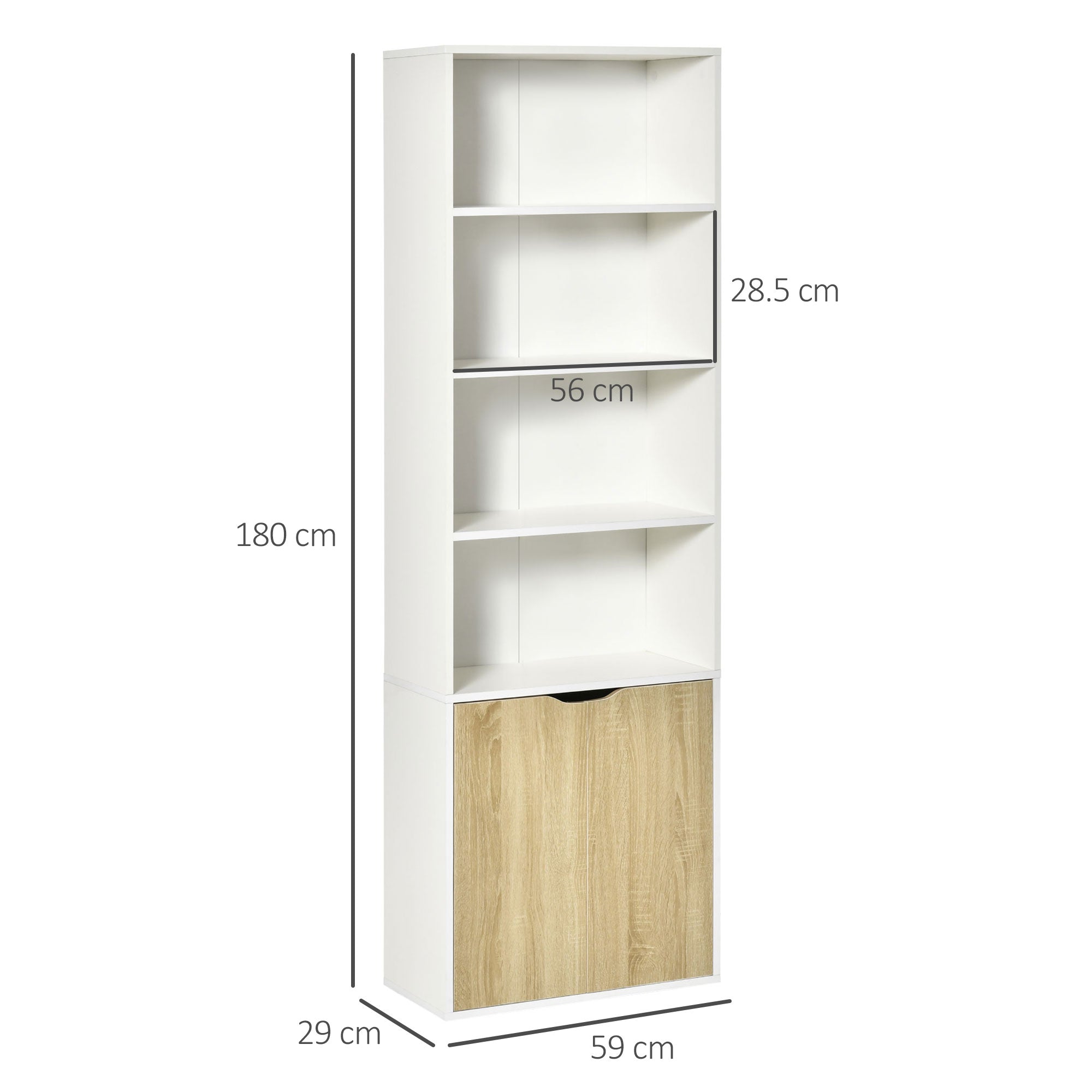 HOMCOM 6-Tier Tall Bookcase, Bookshelf with 4 Open Shelves and Double Door Storage Cabinet, Freestanding Display Rack for Living Room, Bedroom, Home Office, Study, 59 x 29 x 180cm, White and Oak