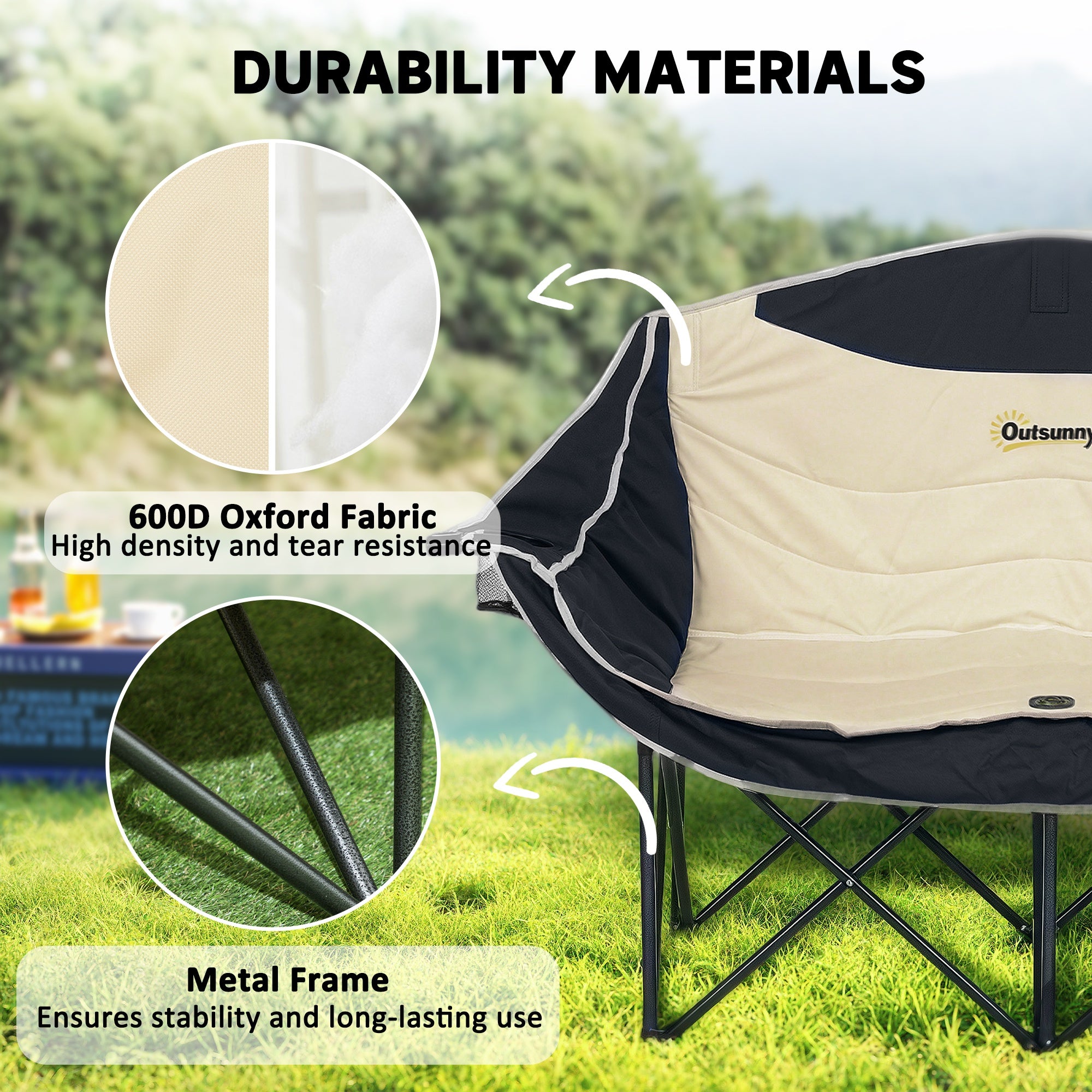 Outsunny Double Camping Chair for Adults, Oversized Heavy Duty Padded Folding Chair with Armrests, Cup Holders and Carry Bag for Outdoor Camping Hiking Picnic Fishing, 250kg Capacity, Khaki