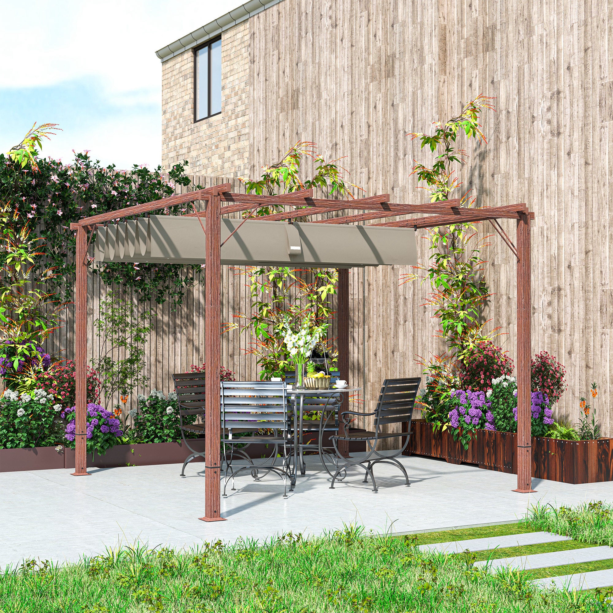 Outsunny 3 x 3 m Retractable Roof Pergola - Natural Wood Finish