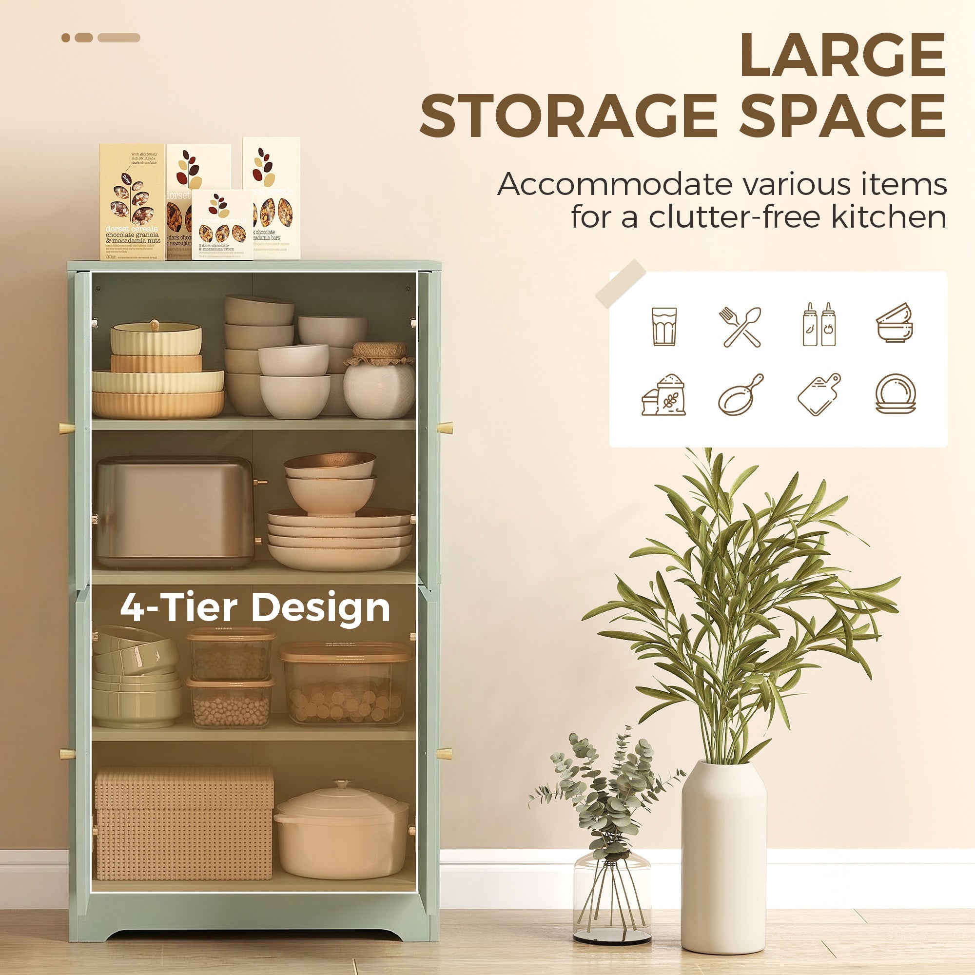 HOMCOM 4-Door Kitchen Storage Cabinet with Adjustable Shelves - Green