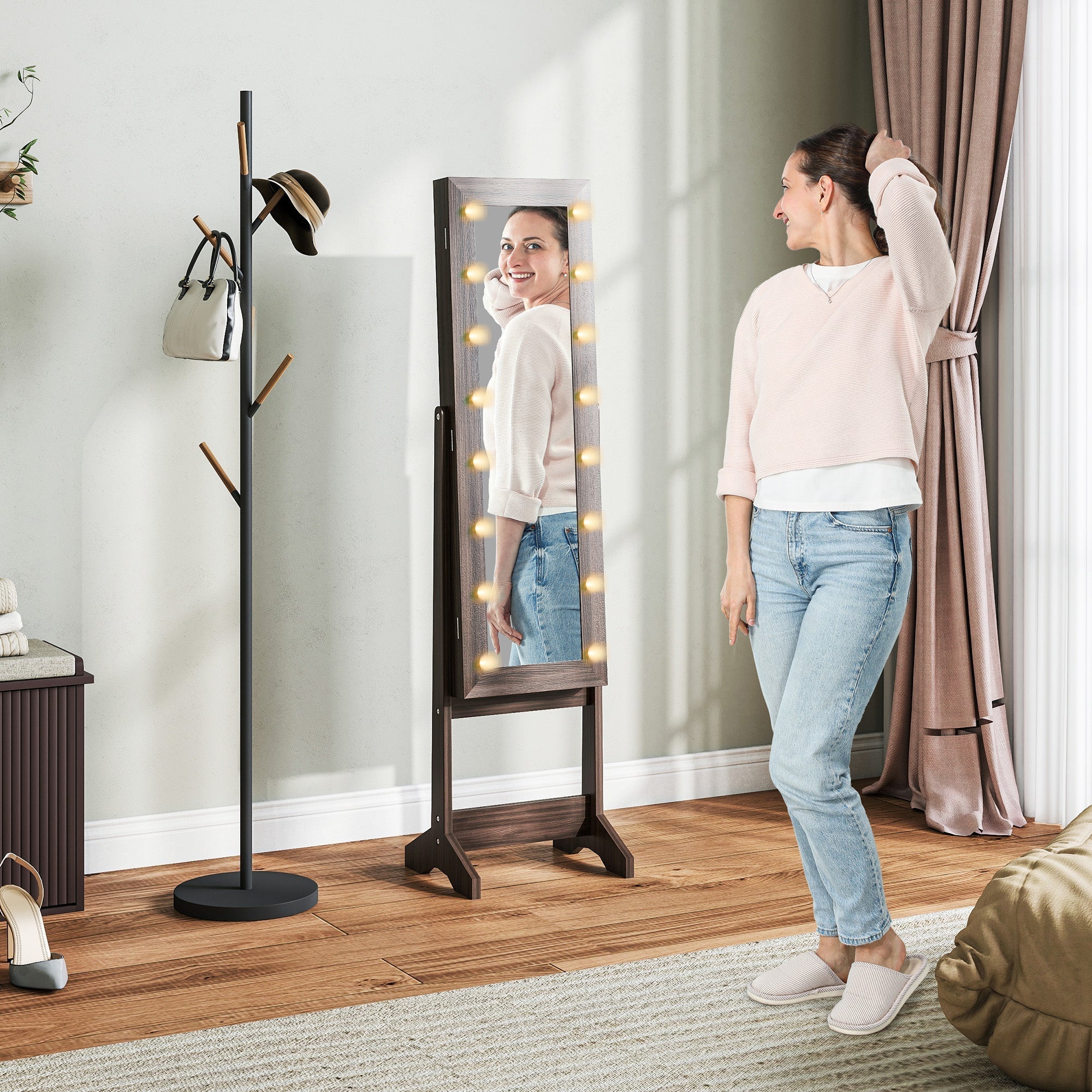 HOMCOM Freestanding Mirrored Jewellery Storage Cabinet - Dark Brown