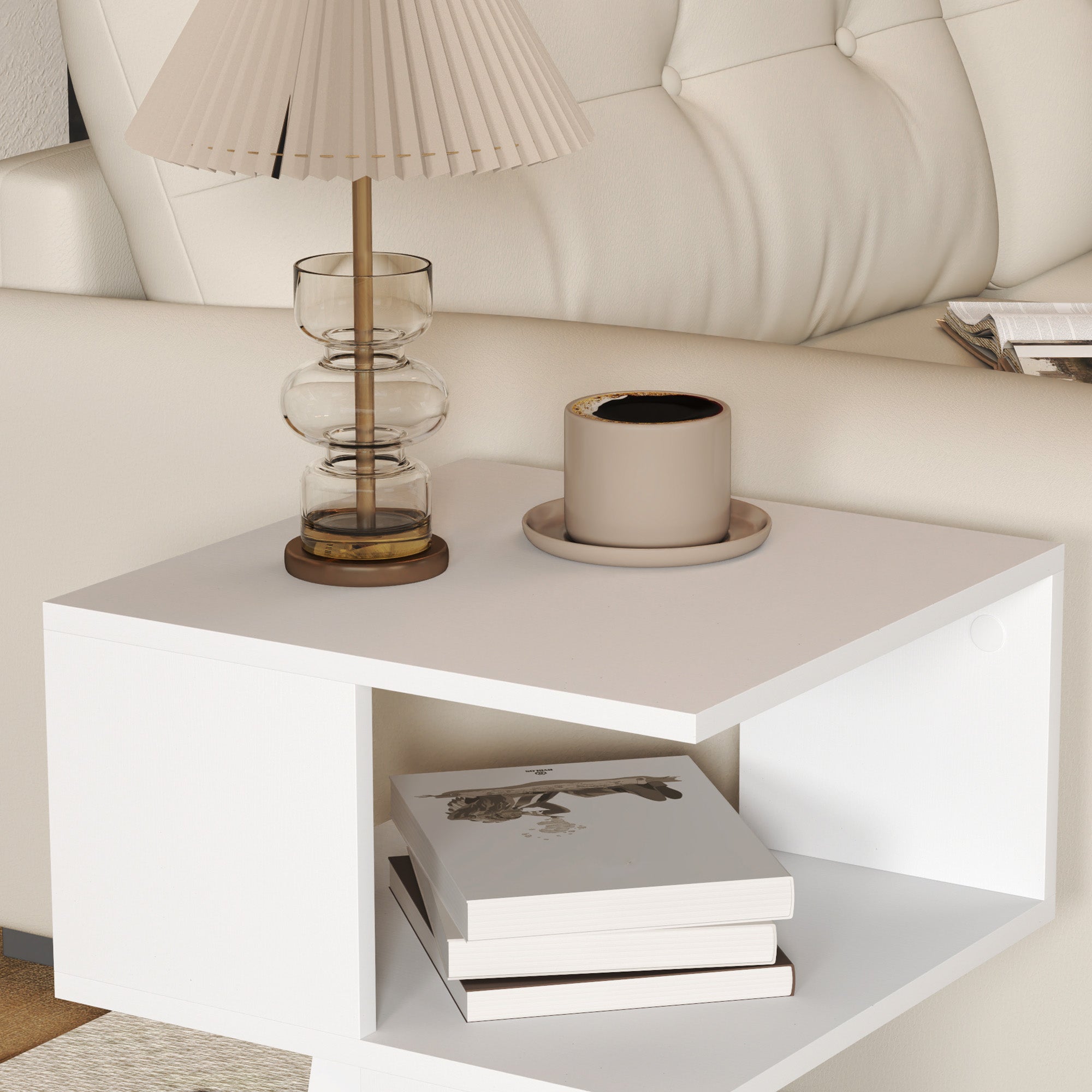 HOMCOM Set of 2 Side Table, Square Coffee Table, Modern End Table with 2 Tier Storage Shelves for Living Room, Bedroom, White