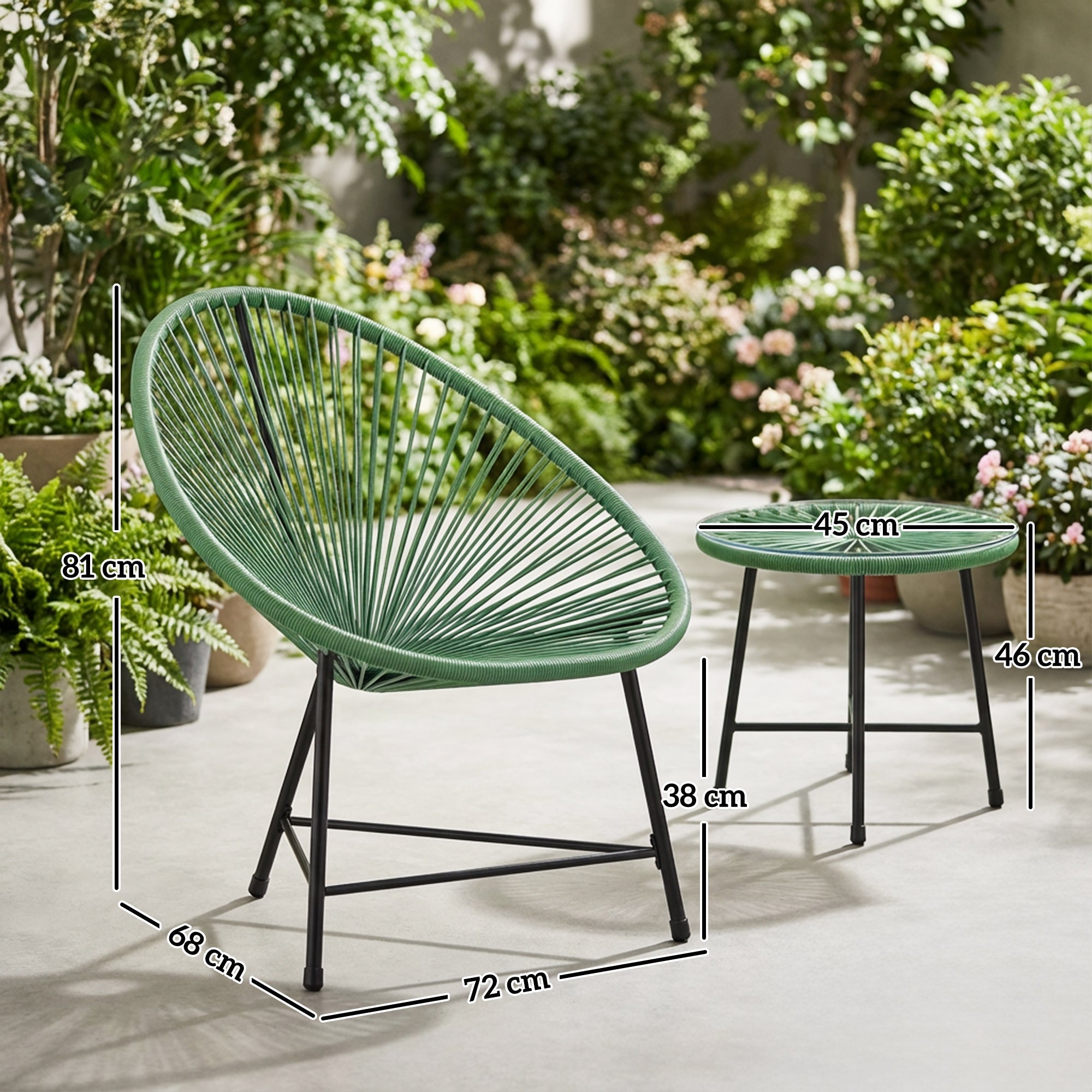 Outsunny Rattan Bistro Set with Acapulco Chairs and Glass Table, Green