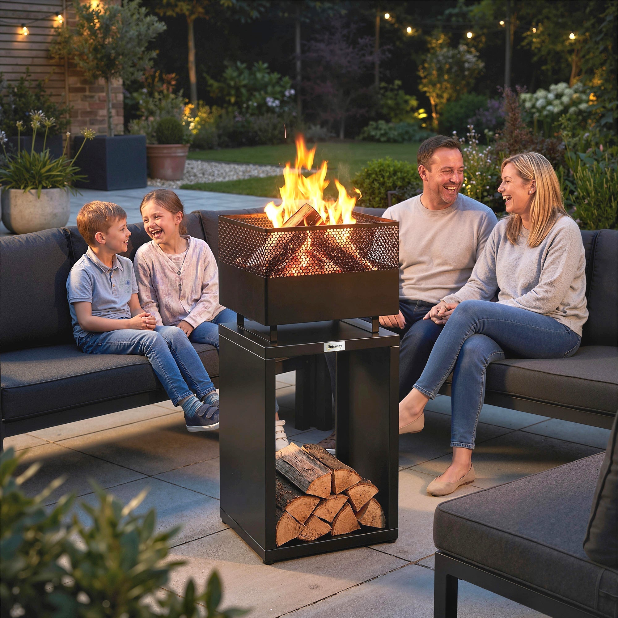 Outsunny Outdoor Fire Pit with Wood Storage Wood Burning Firepit with Mesh Sides 87 cm Black