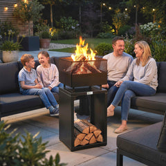 Outsunny Outdoor Fire Pit with Wood Storage Wood Burning Firepit with Mesh Sides 87 cm Black