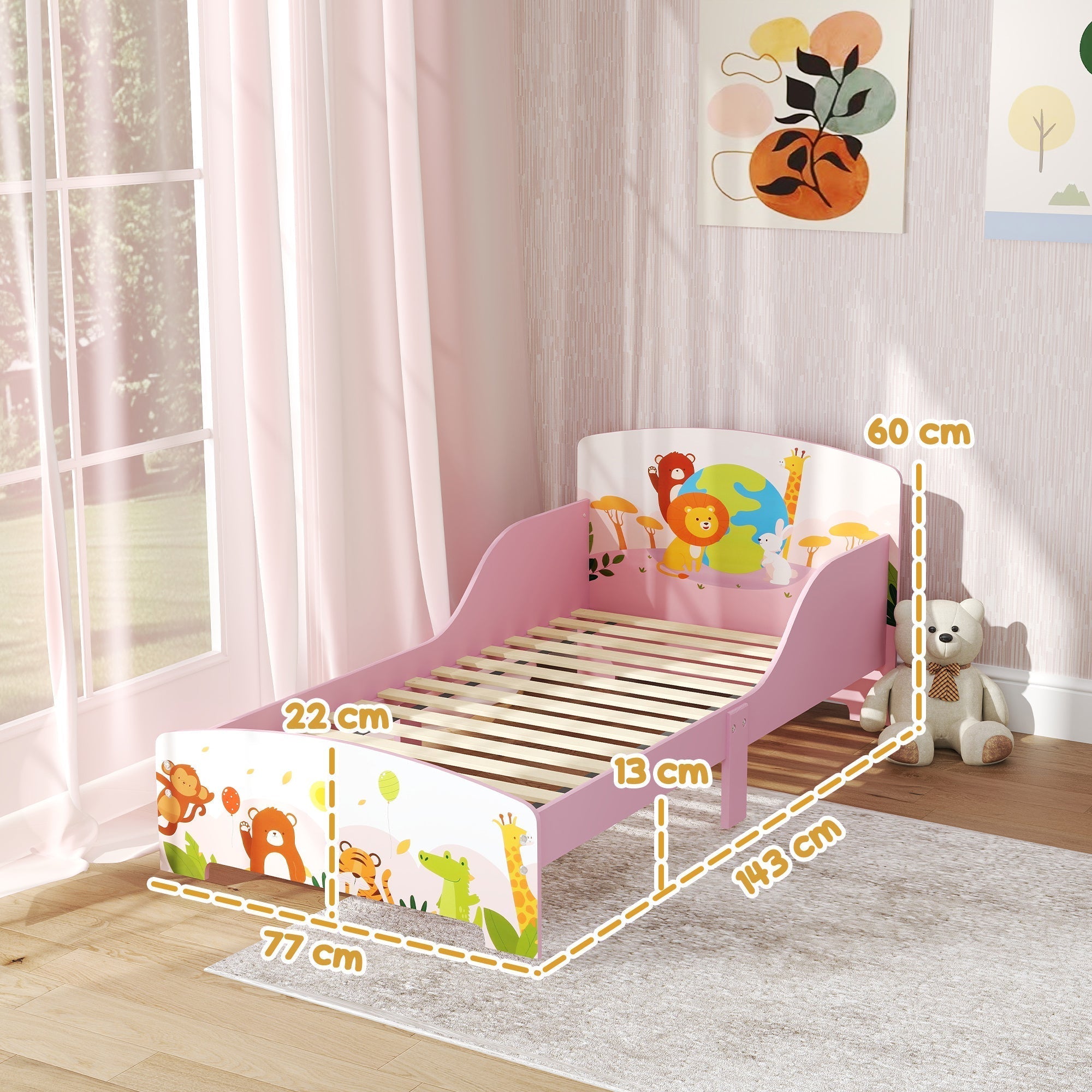 AIYAPLAY Cute Animal-Themed Toddler Bed, with Safety Rails, 143 x 77 x 60cm, Pink