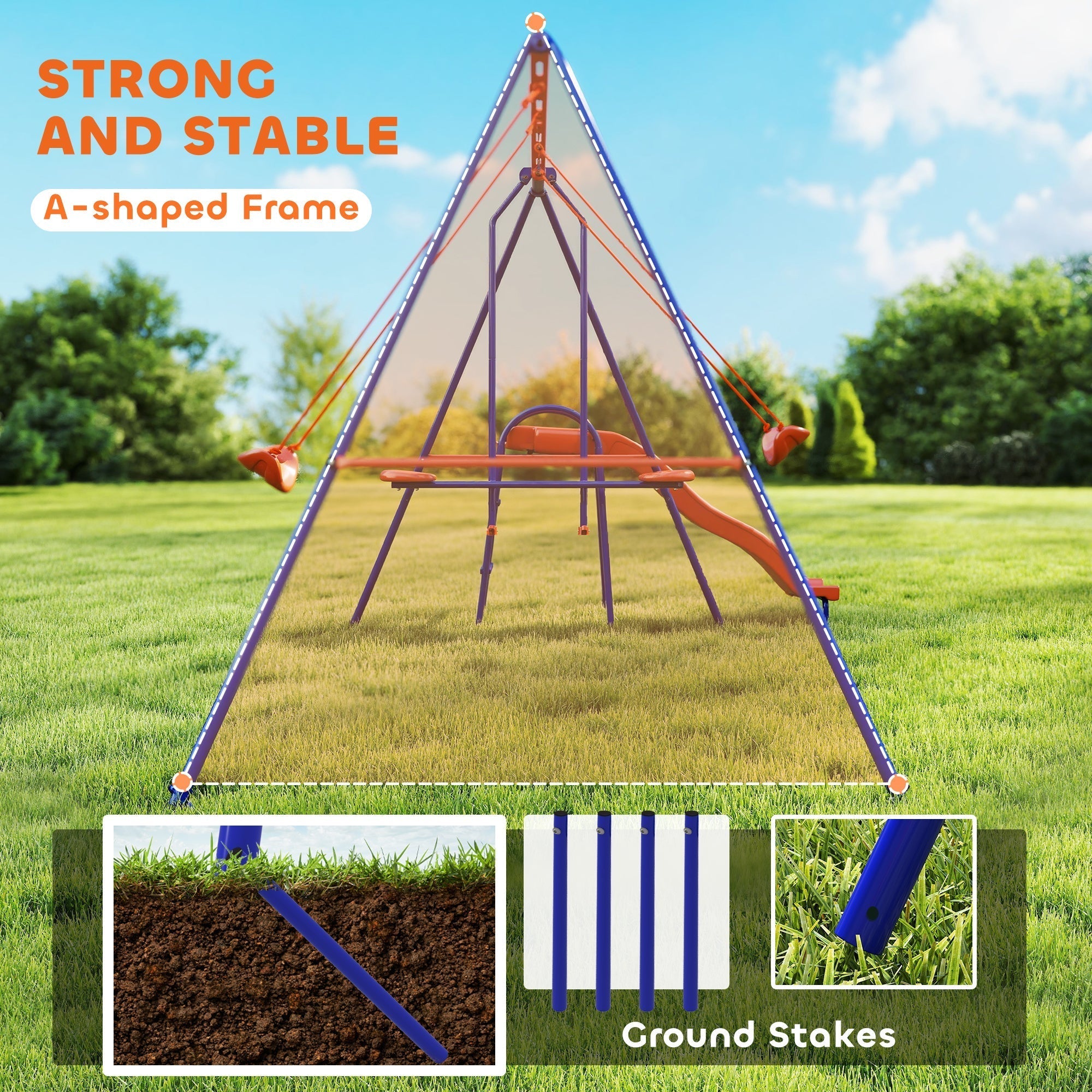 Outsunny Four-In-One Metal Garden Swing Set, with Double Swings, Glider, Slider, Ladder - Orange and Blue