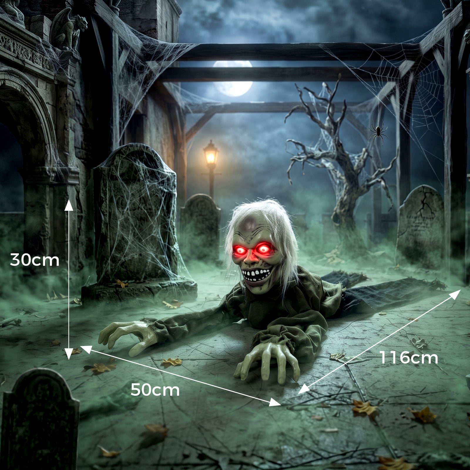 HOMCOM Halloween Decoration Halloween Animatronic Crawling Zombie with Light-Up Eyes and Creepy Sound