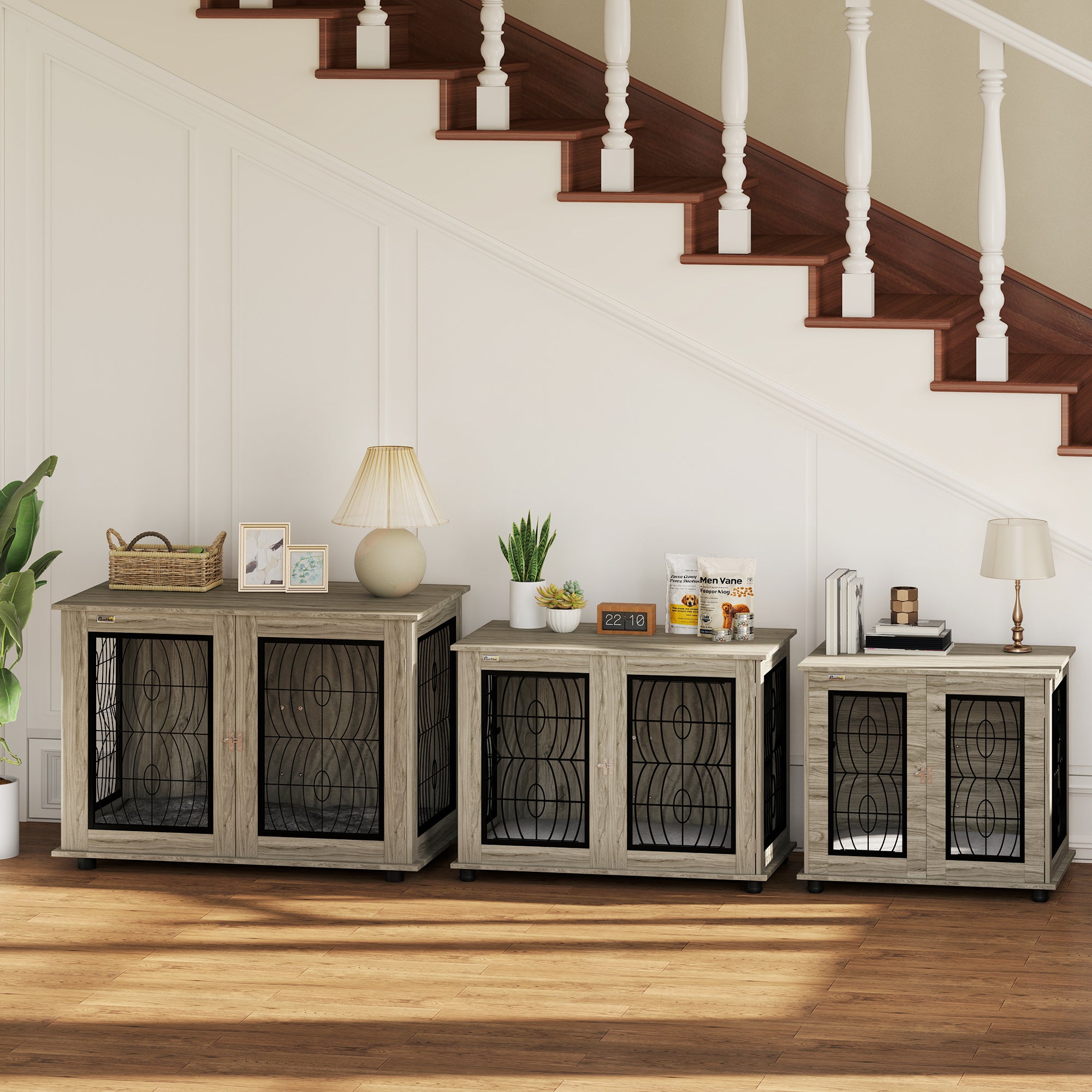 PawHut Indoor Dog Crate Furniture End Table with Soft Washable Cushion, Lockable Front Door, for Large Dogs - Grey