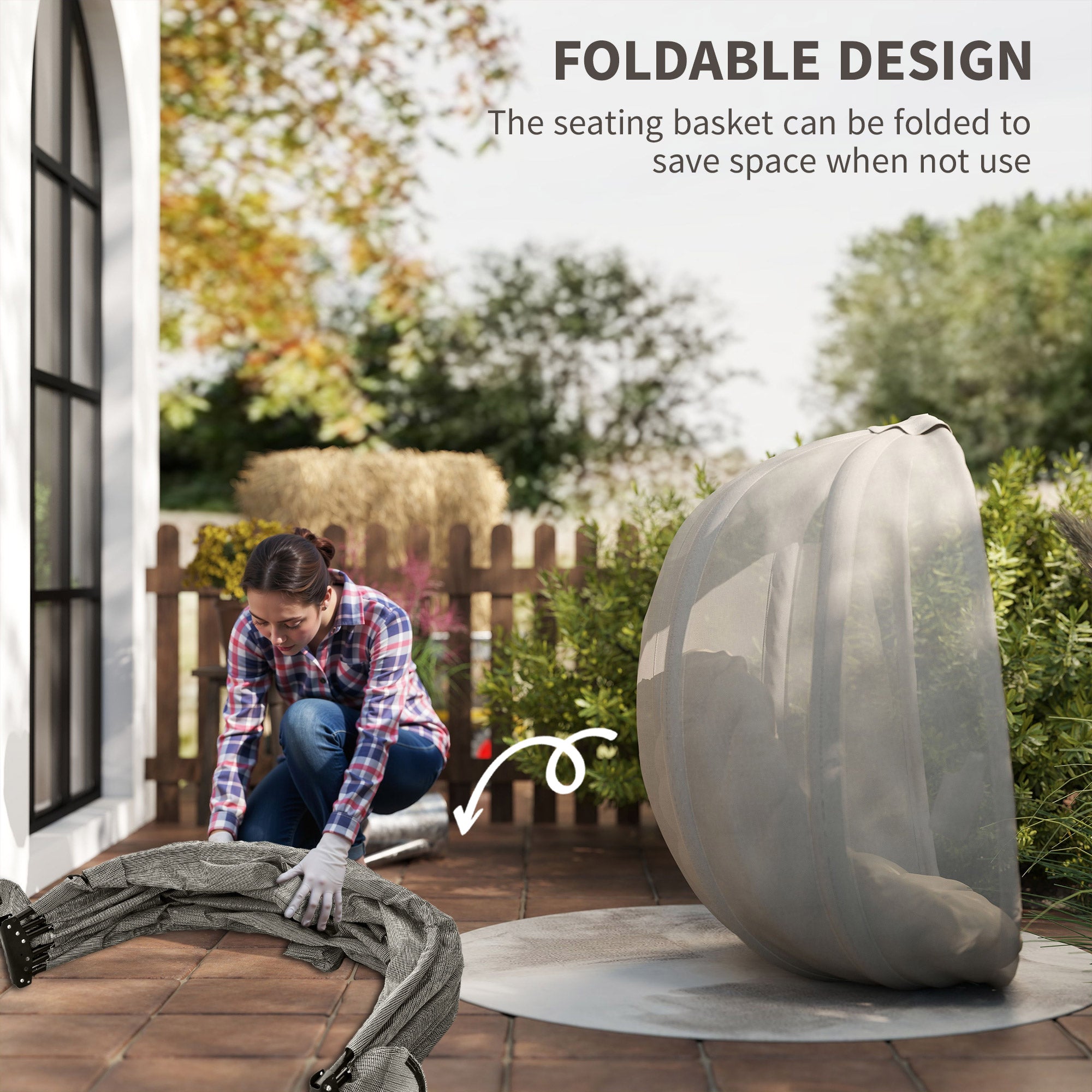 Outsunny Hanging Egg Chair, Folding Texteline Swing Hammock with Side Pocket, Cushion and Stand for Indoor Outdoor, Patio Garden Furniture, Khaki