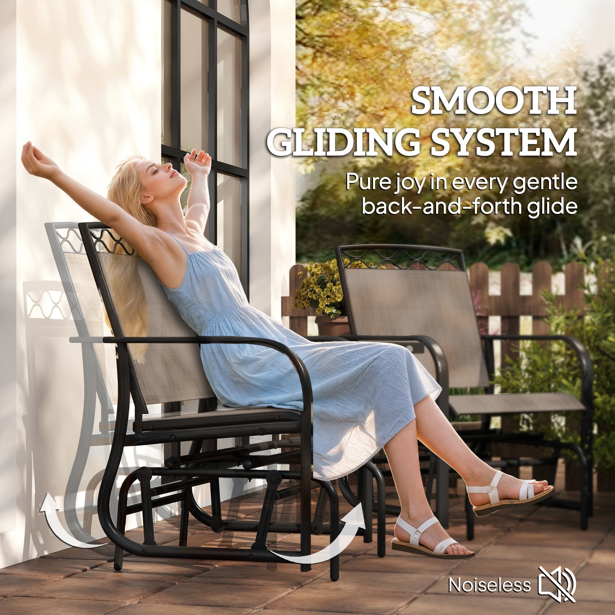 Outsunny Double Outdoor Glider Chair, 2 Seater Patio Rocking Chairs, Swing Bench with Tempered Glass Table, Breathable Mesh Fabric for Backyard, Garden, Porch, Brown