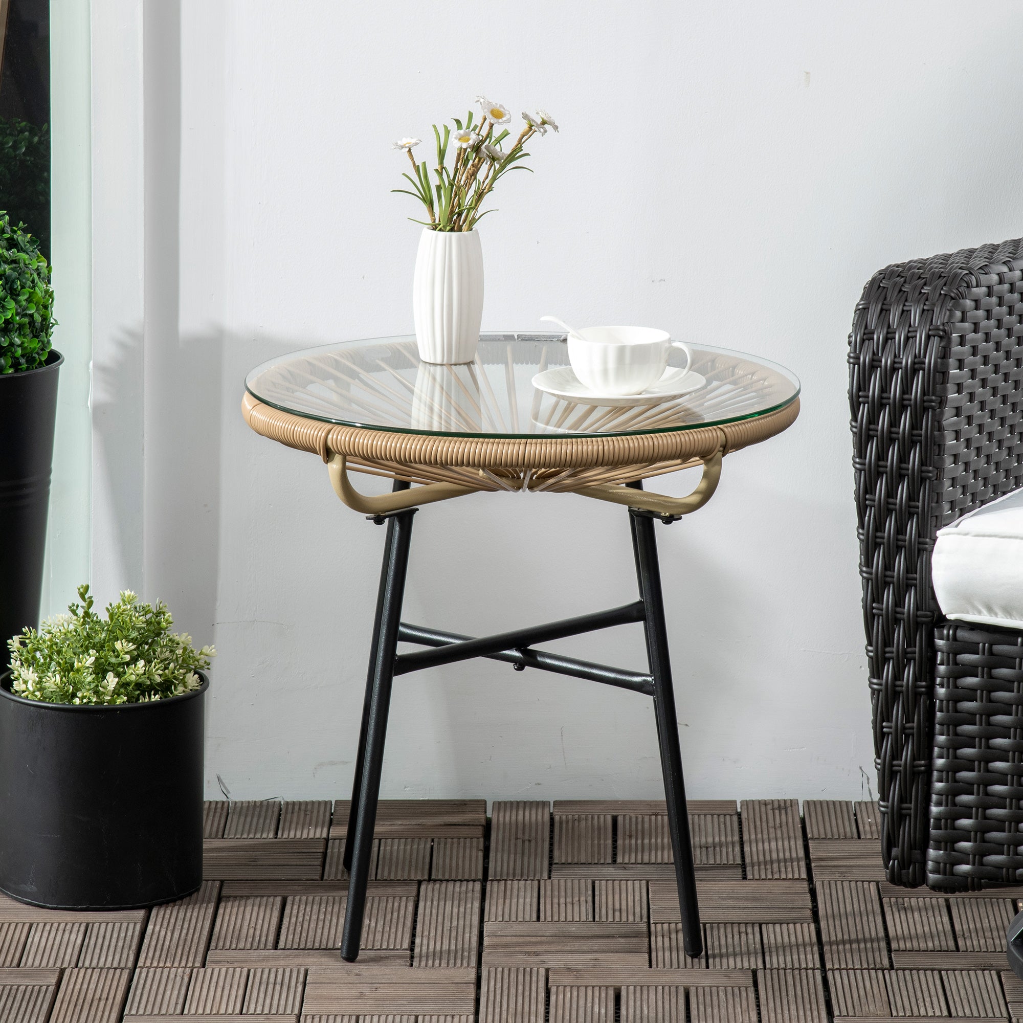 Outsunny Rattan Side Table, Round Outdoor Coffee Table, with Round PE Rattan and Tempered Glass Tabletop for Patio, Garden, Balcony, Beige