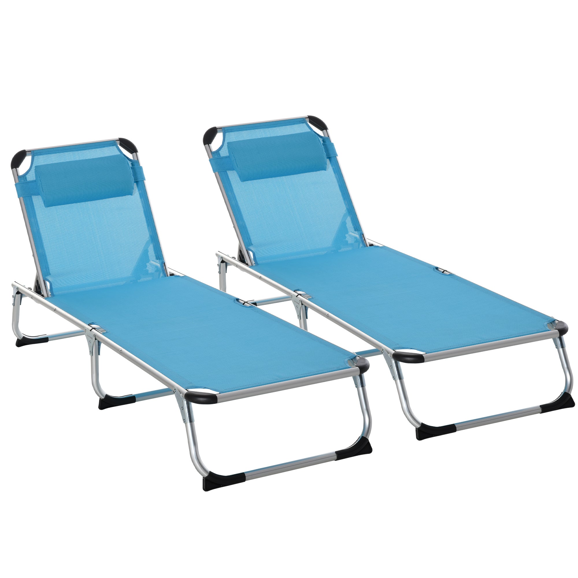 Outsunny Foldable Outdoor Sun Loungers Set of 2, Reclining Lounge Chair Camping Bed Cot with Pillow 4-Level Adjustable Back Aluminium Frame, Blue