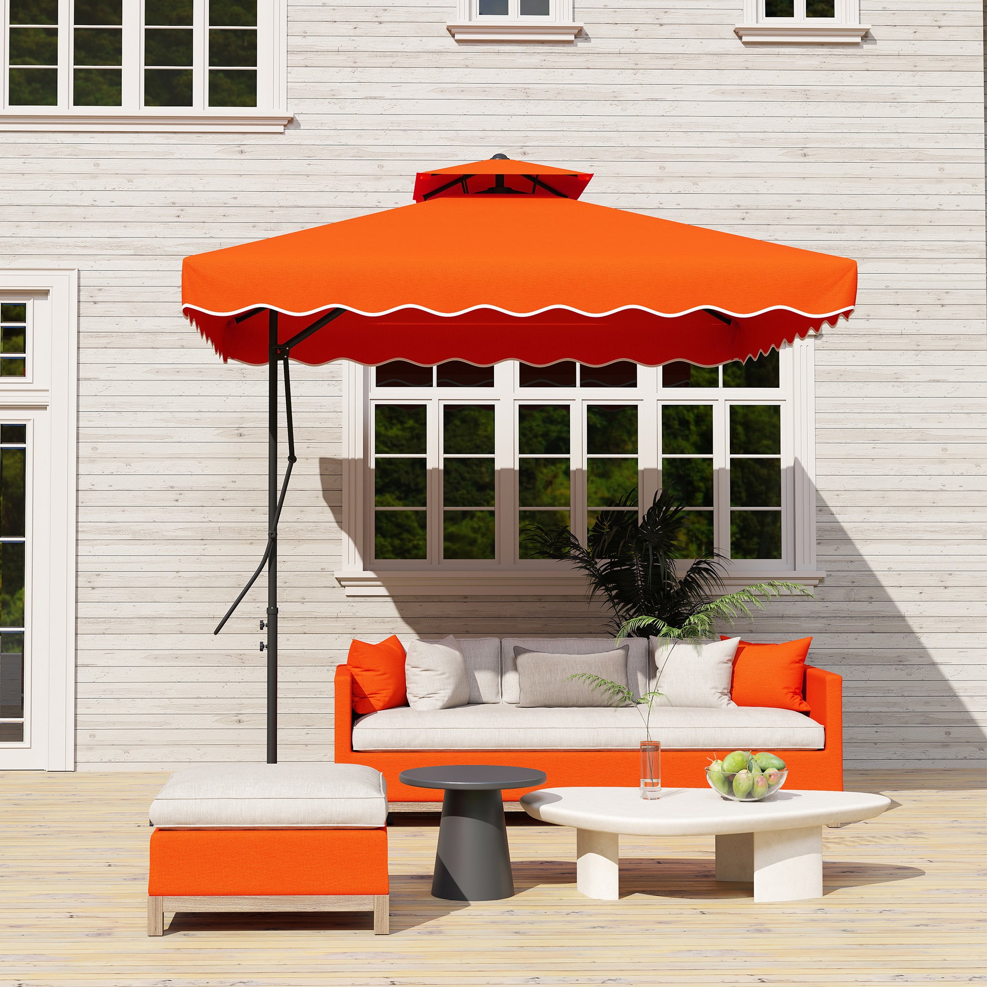 Outsunny 2.5m Cantilever Parasol with Easy Lever, Square Double Top Garden Parasol Umbrella with Ruffles and Cross Base, Overhanging Outdoor Sun Shades, Orange