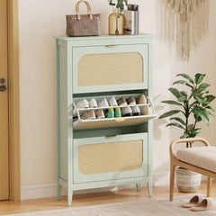HOMCOM Narrow Shoe Cabinet, Boho Slim Shoe Storage Cabinet with 3 Flip Drawers, Holds 21 Pairs, Light Green