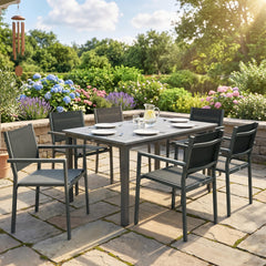 Outsunny Garden Dining Set with Acacia Wood Table Top, Outdoor Table and Stackable Chairs Set for 6 with Texteline Seat, for Patio, Conservatory, Terrace, Grey
