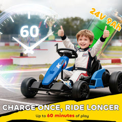 AIYAPLAY 24V Electric Go Kart, Drift Kart with Adjustable Seat, Slow Start, 5-Point Harness, Music, Horn, for 6-12 Years, Blue