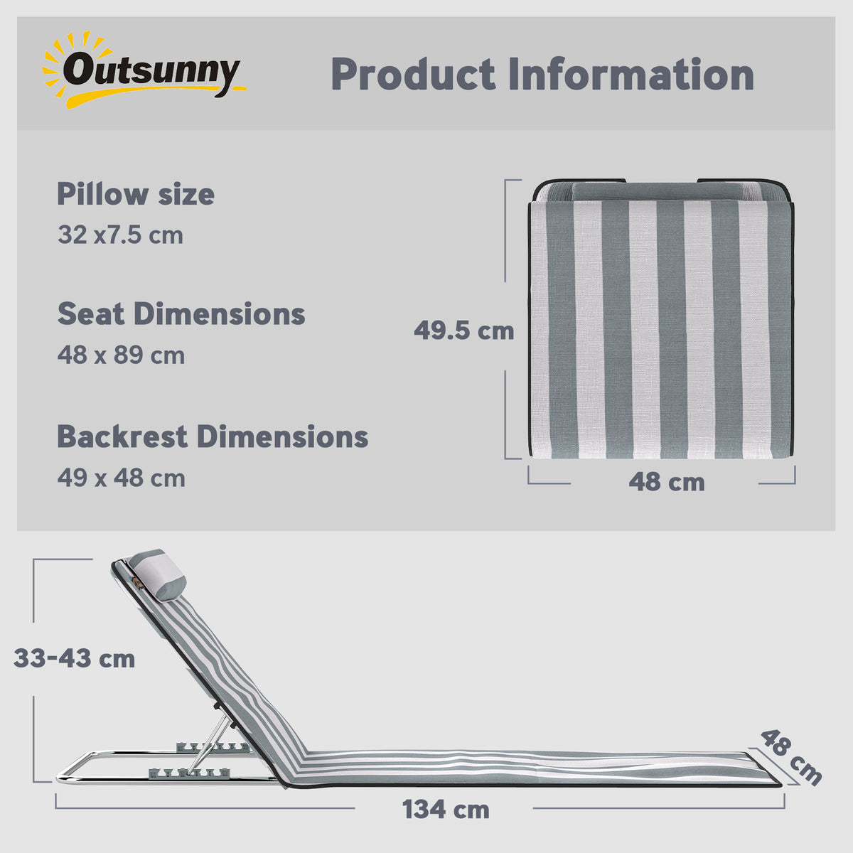 Outsunny Set of 2 Foldable Garden Beach Chair Mat Lightweight Outdoor Sun Lounger Seats Adjustable Back Metal Frame PE Fabric Head Pillow w/ Carry Bag, Light Grey