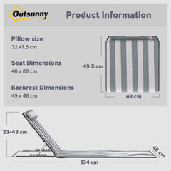 Outsunny Set of 2 Foldable Garden Beach Chair Mat Lightweight Outdoor Sun Lounger Seats Adjustable Back Metal Frame PE Fabric Head Pillow w/ Carry Bag, Light Grey