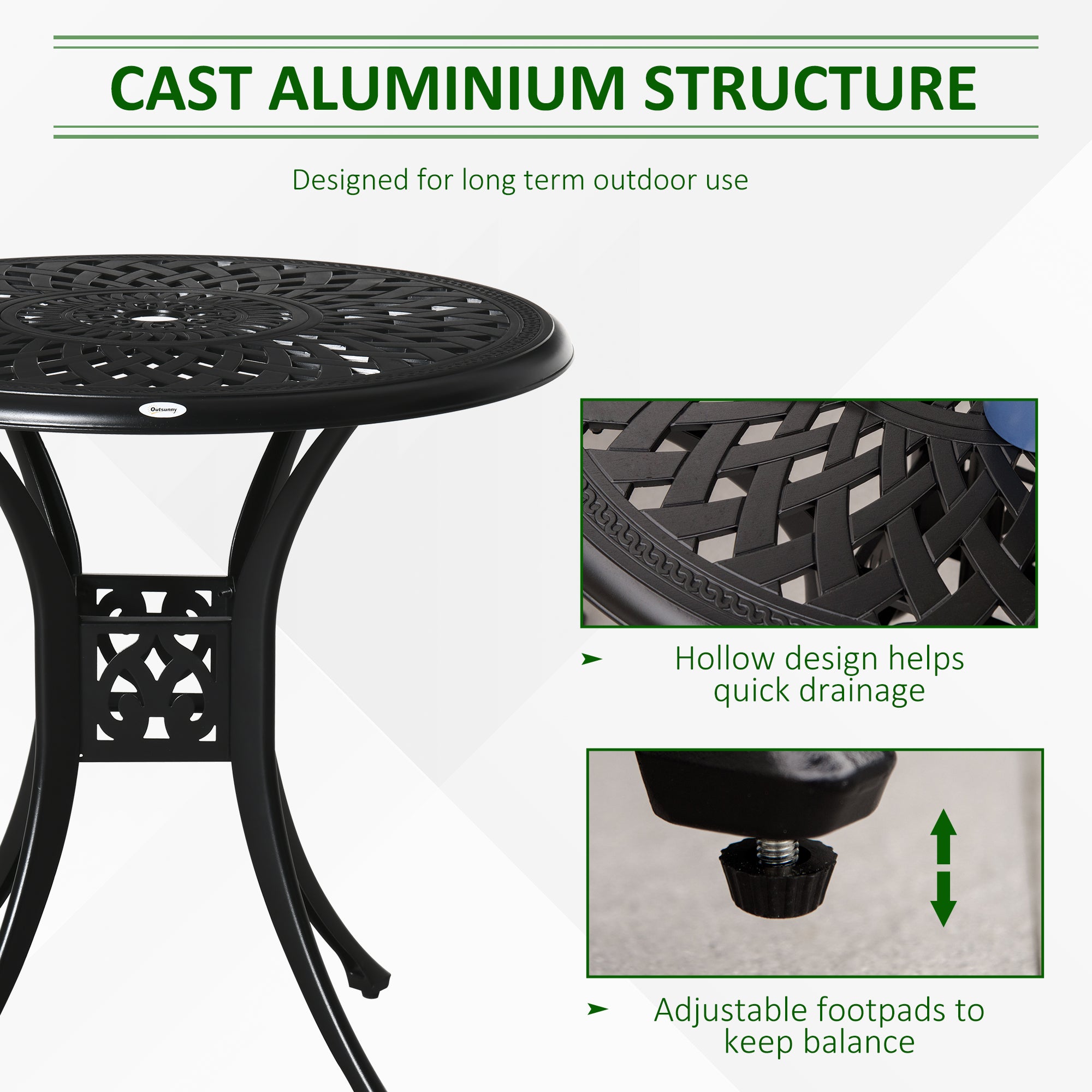 Outsunny 78 cm Round Garden Dining Table with Parasol Hole Antique Cast Aluminium Outdoor Table Only, Black