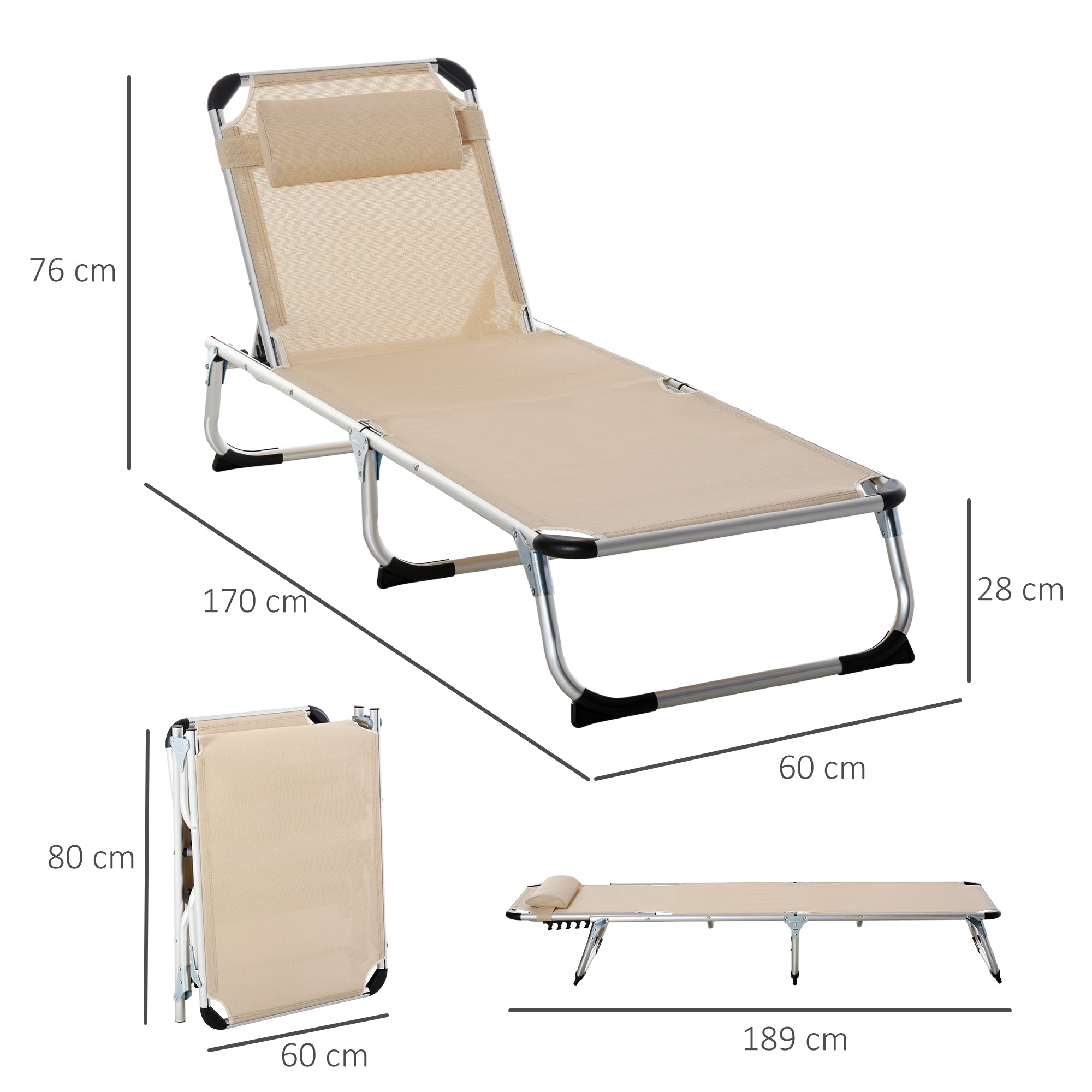 Outsunny Foldable Outdoor Sun Loungers Set of 2, Reclining Lounge Chair Camping Bed Cot with Pillow 4-Level Adjustable Back Aluminium Frame, Khaki