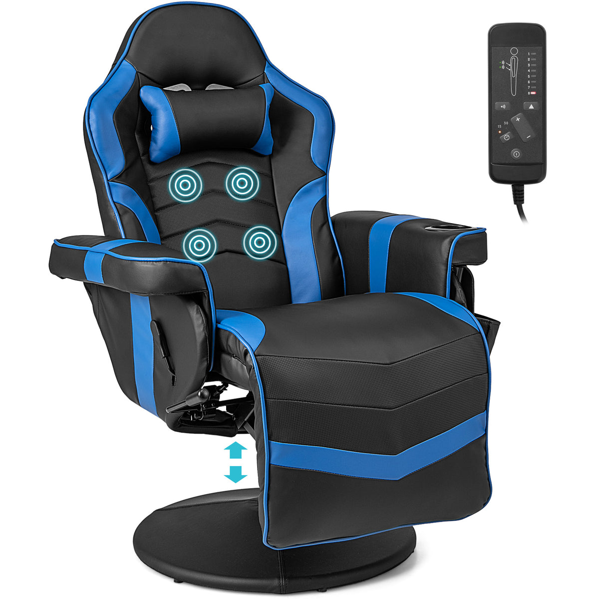 Electric Massage Gaming Chair with a remote control showing the massage points on the backrest