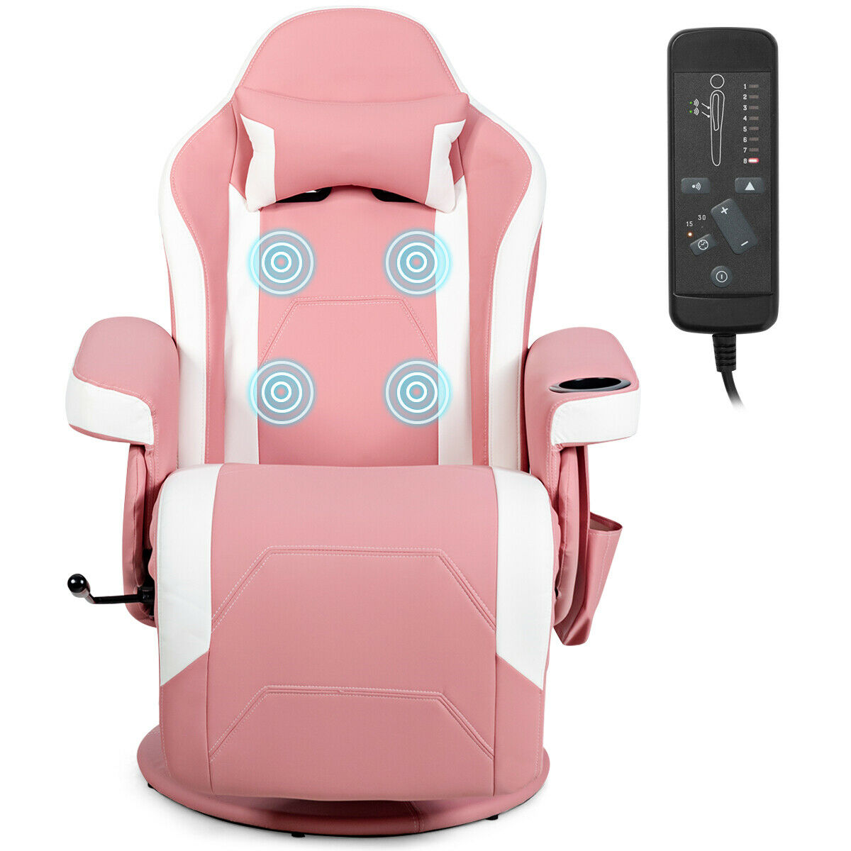 Electric Massage Gaming Chair in pink with white accents and a remote control for massage functions