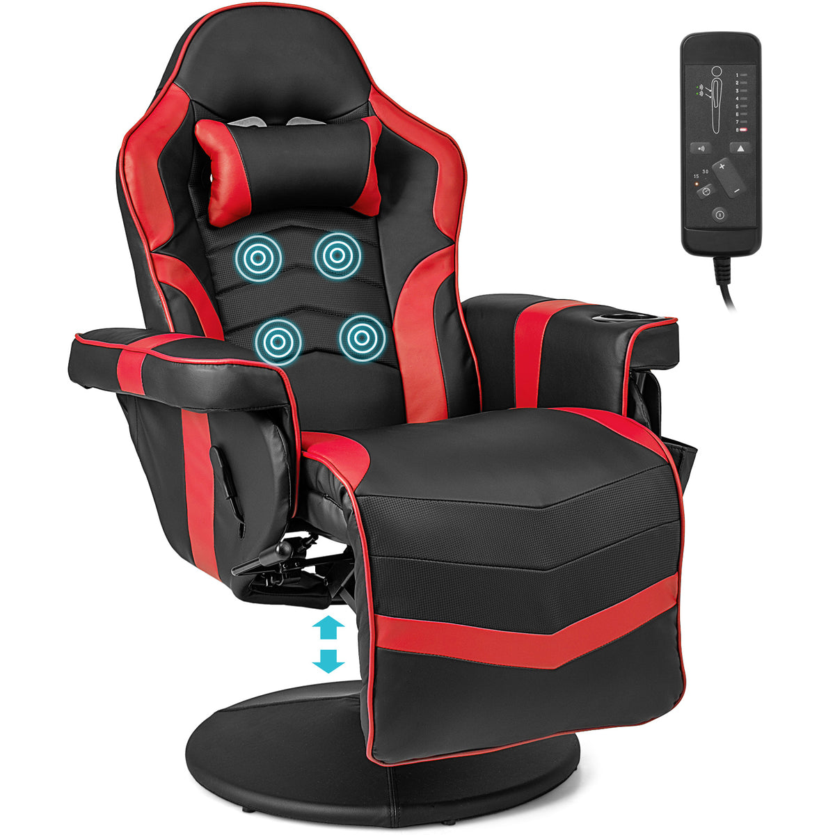 Electric Massage Gaming Chair with cup holder and side pouch in red and black