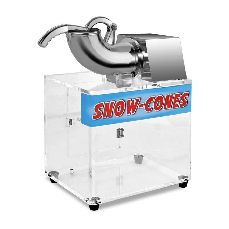 Electric Snow Cone Maker with Dual Blades front view with clear casing and stainless steel shaving mechanism