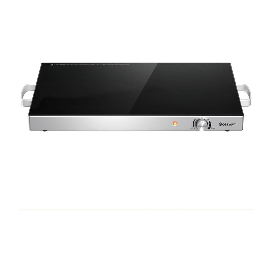 Electric Warming Tray with cool-touch handles and stainless steel frame, front view