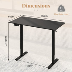 Dimensions diagram for the black electric standing computer desk showing height and width