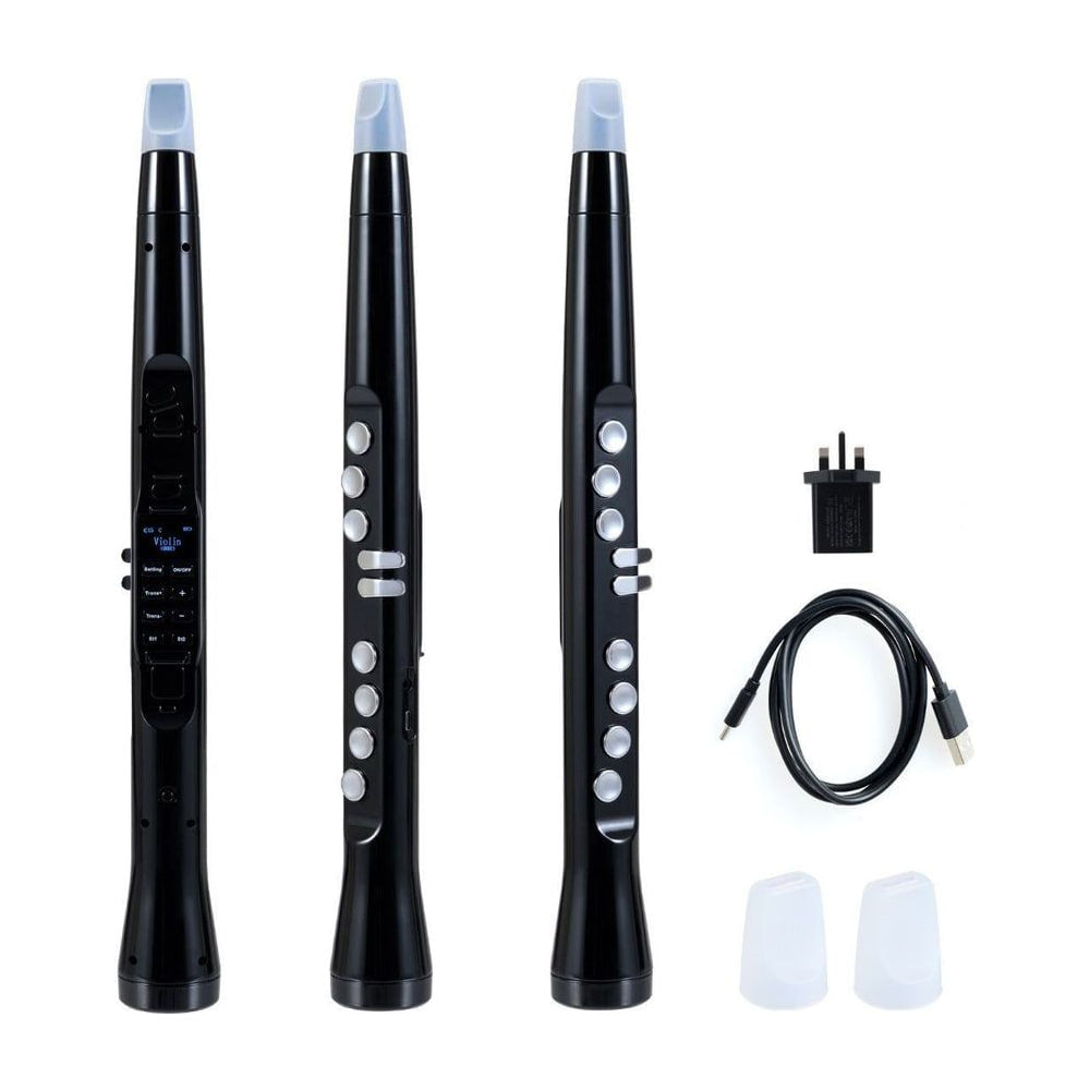 Electronic Wind Instrument Synthesizer with Wireless MIDI in black, shown from three angles