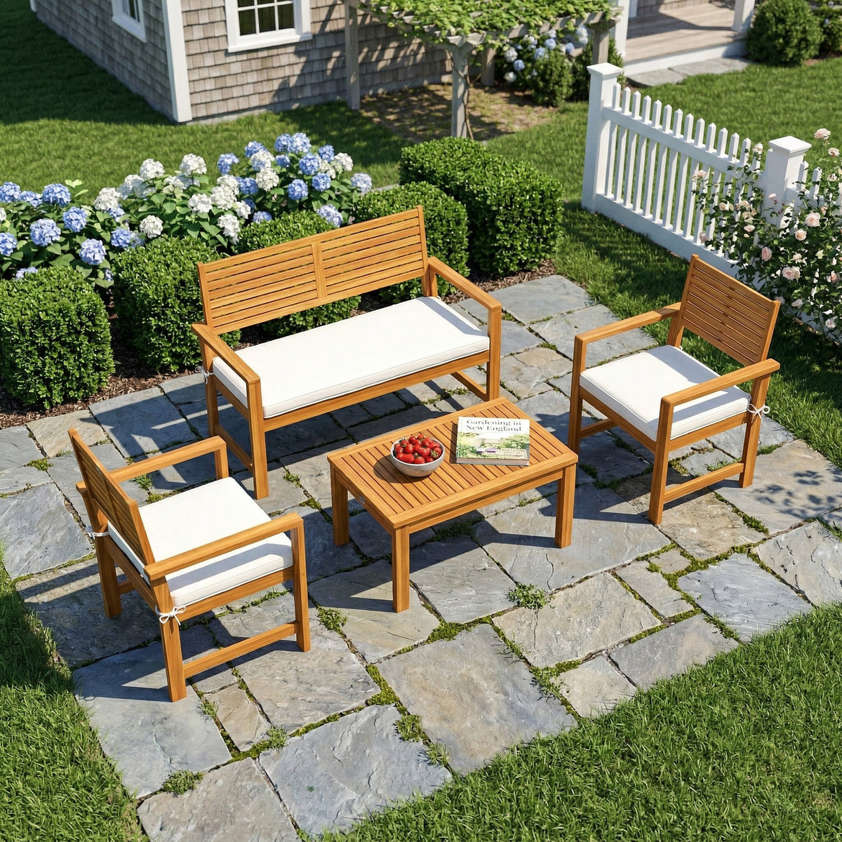 Outsunny 4 Seater Wooden Garden Furniture Set with Loveseat, Armchairs, Table, Acacia Wood Garden Sofa Set, Cream White