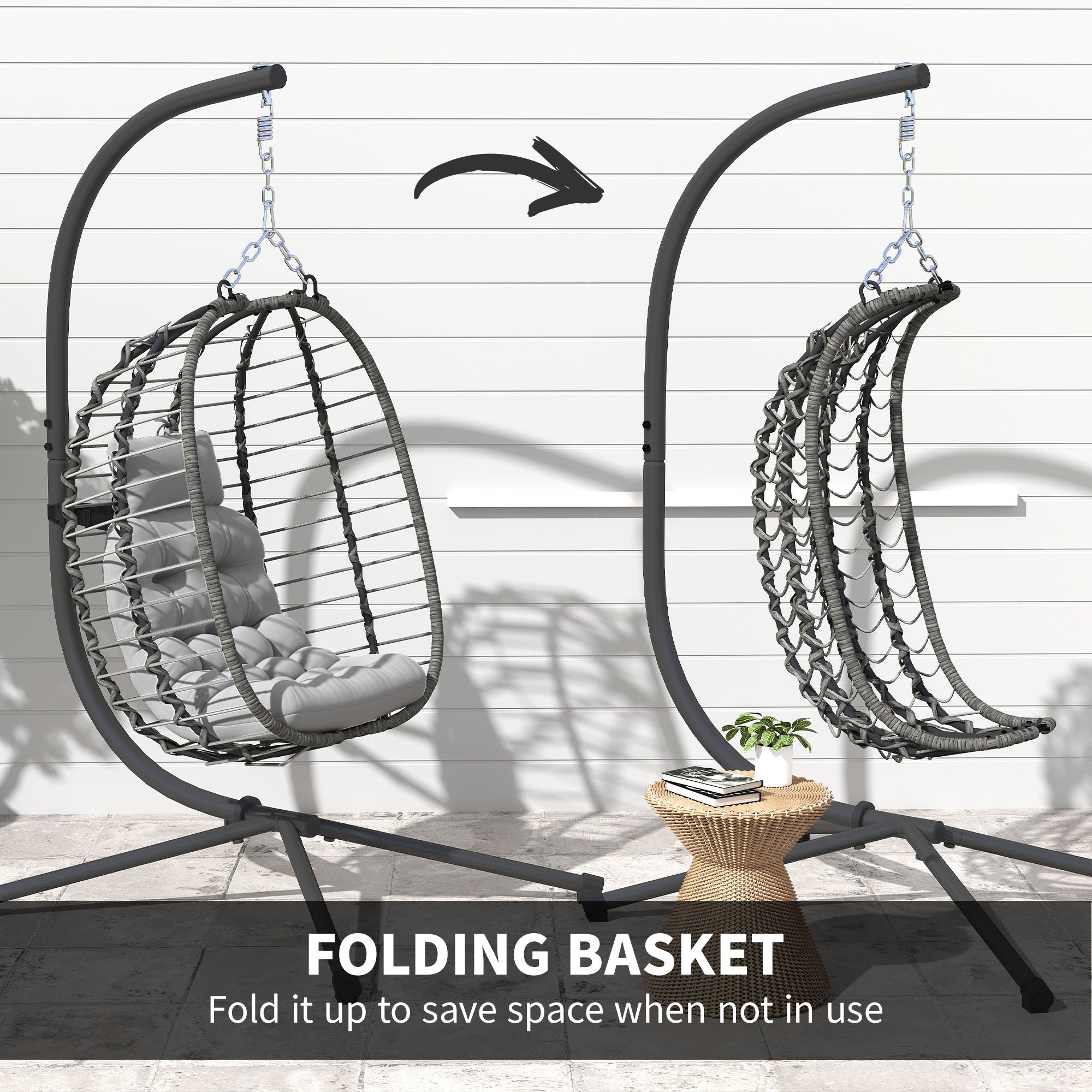 Outsunny Rattan Hanging Egg Chair, Foldable Wicker Hammock Swing Chair with Cushion, Stand, Adjustable Height, Head Pillow, Steel Frame for Garden Patio Indoor Outdoor, Light Grey