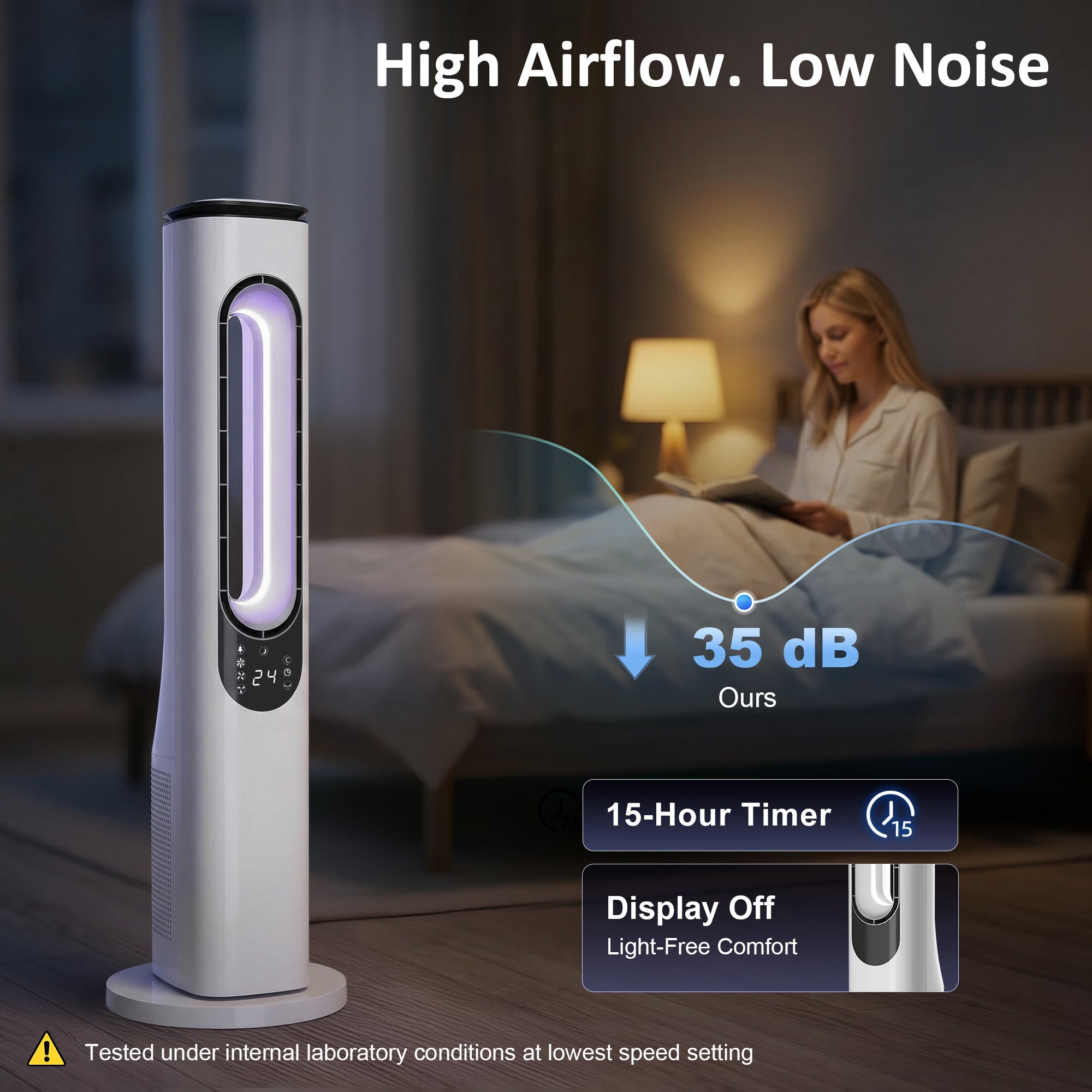 HOMCOM Bladeless Tower Fan for Bedroom, 35dB Standing Cooling Fan with 50Â° Oscillating, LED Lights, 3 Speeds, 15H Timer, White