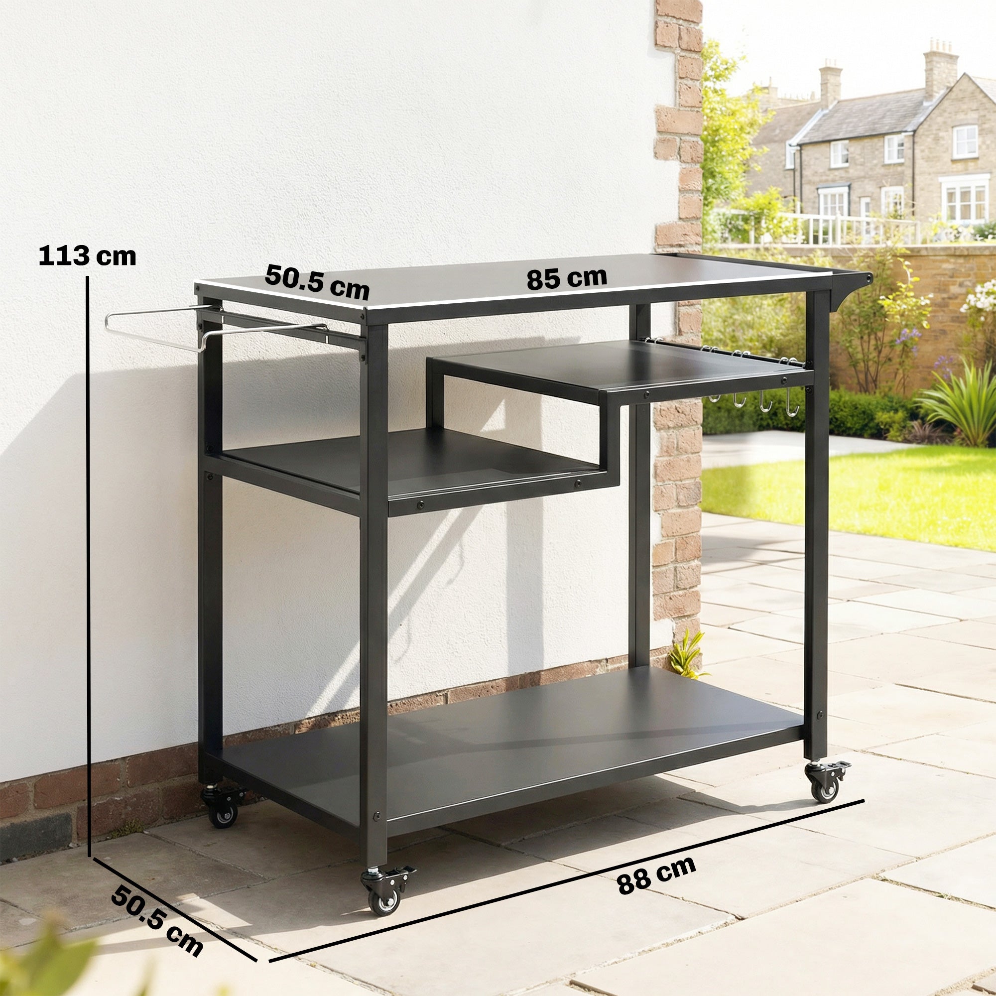 Outsunny Outdoor Grill Cart, Three-Tier Pizza Oven Stand  with Steel Tabletop, Hooks, Rubbish Bag Holder, Wheels, Black