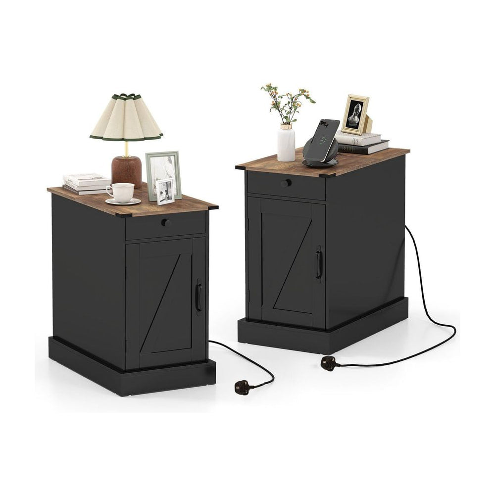 End Table Set of 2 with charging station and storage drawer in black