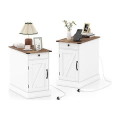 End Table Set of 2 with Charging Station and Storage Drawer-White, two white nightstands with wood tops and charging ports