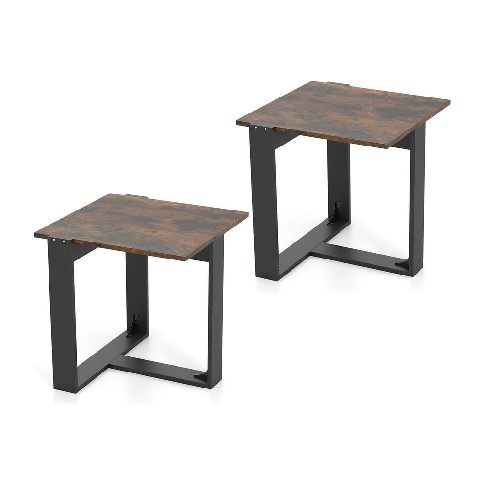 End Table square side tables with T-shaped metal base industrial nightstand set of 2 rustic brown