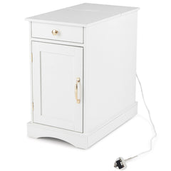End Table Narrow Nightstand Bedside Table with Charging Station-White