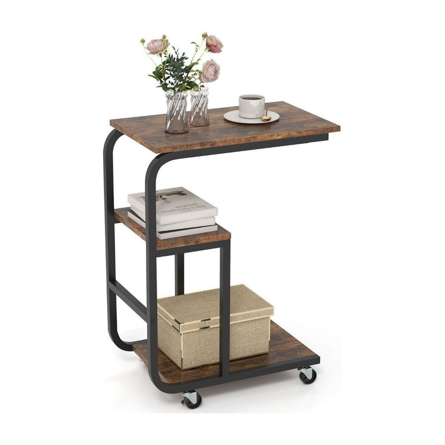 C-shaped End Table Space-saving Couch Table with Open Shelves-Rustic Brown