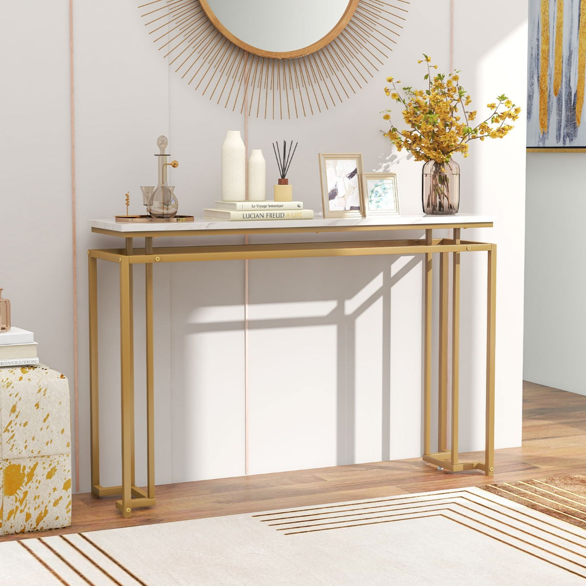 Gold Console Table with Faux Marble Tabletop and Geometric Metal Frame-White