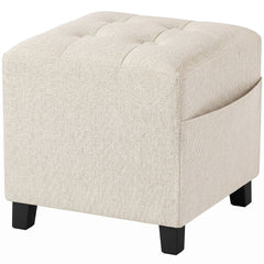 HOMCOM Small Ottoman, Square Footstool with Side Pocket, Rubber Wood Legs and Padded Seat for Living Room, Beige