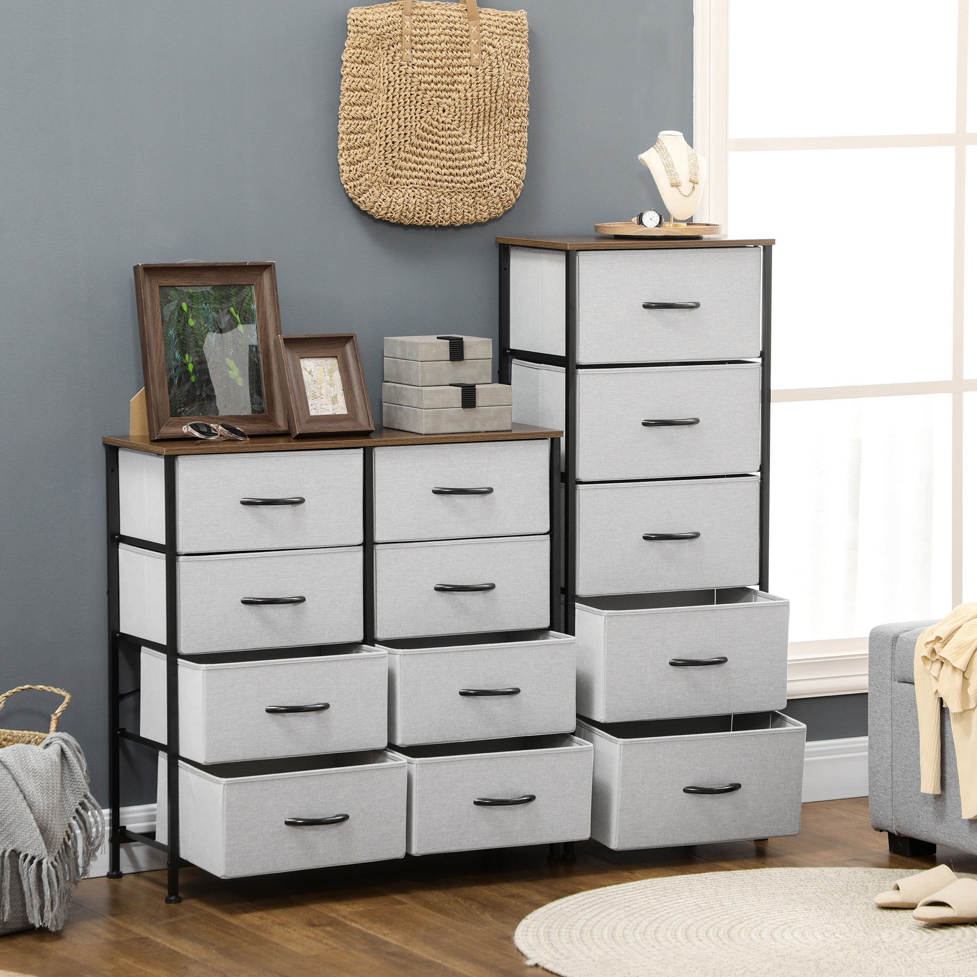 HOMCOM Fabric Chest of Drawers, Industrial Bedroom Dresser with 8 Fabric Drawers, Steel Frame and Wooden Top for Nursery, Living Room, Hallway, Grey